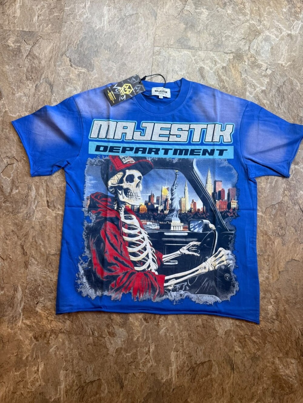 Majestic Department blue skeleton graphic tee